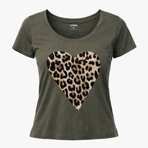 Express Leopard Heart Graphic Tee Women’s Medium Olive Green Cap Sleeve T-Shirt